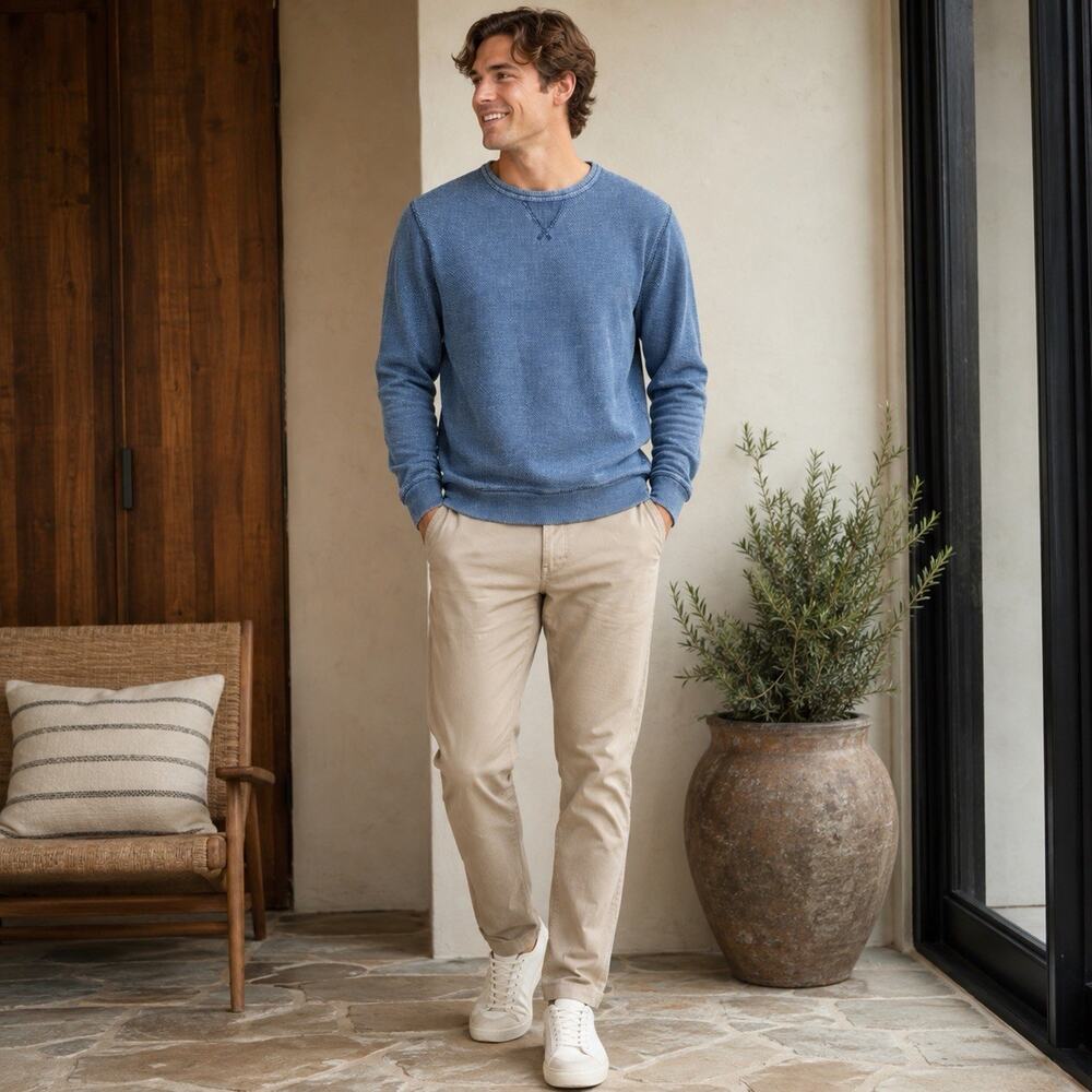 Faherty Brand Indigo Blue Cotton Crewneck Sweatshirt Men’s M Textured Casual